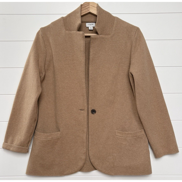 J Crew Knit Sweater Blazer 100% Cotton Jacket Single Button Tan Camel Career S/M - Picture 3 of 16